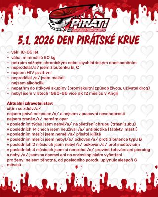 V pondělí 5.1. 2026 se v chomutovské nemocnici uskuteční Den pirátské krve 🩸. Staňte se dárcem krve a podpořte...